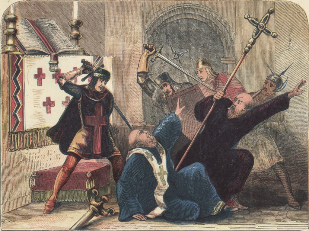 Thomas a Becket, English saint, martyr, knight, chancellor and archbishop of Canterbury, is brutally murdered by four knights, Hugh de Merville, William de Tracy, Reginald Fitzurse and Richard le Breton, in Canterbury Cathedral at the request of King Henry II, 1170. (Hulton Archive/Getty Images)
