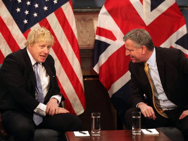 NEW YORK, NY - FEBRUARY 13: The Mayor of London, Boris Johnson, meets with New York City Mayor Bill de Blasio at City Hall on February 13, 2015 in New York City. Johnson is on a six-day 'trade tour' to the United States and has met with numerous politicians. Some …