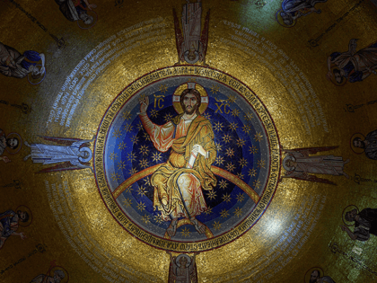 This picture shows the new mosaic in the Saint Sava Serbian Orthodox church in Belgrade on February 22, 2018. Russian Foreign Minister Sergey Lavrov and Serbian President Aleksandar Vucic took part in the unveiling of new mosaic depicting Jesus Christ inside of the Saint Sava Temple, the largest Orthodox temple …