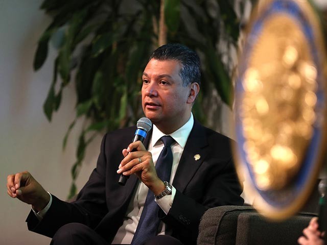 SAN FRANCISCO, CA - MAY 24: California secretary of state Alex Padilla speaks during a news conference at Uber headquarters on May 24, 2018 in San Francisco, California. California secretary of state Alex Padilla announced a partnership with Uber to feature a public service announcement that will appear when Uber users and drivers open their app reminding them vote in Caifornia's statewide primary on June 5th. The notification will begin appearing on the Uber app on June 2nd. (Photo by Justin Sullivan/Getty Images)