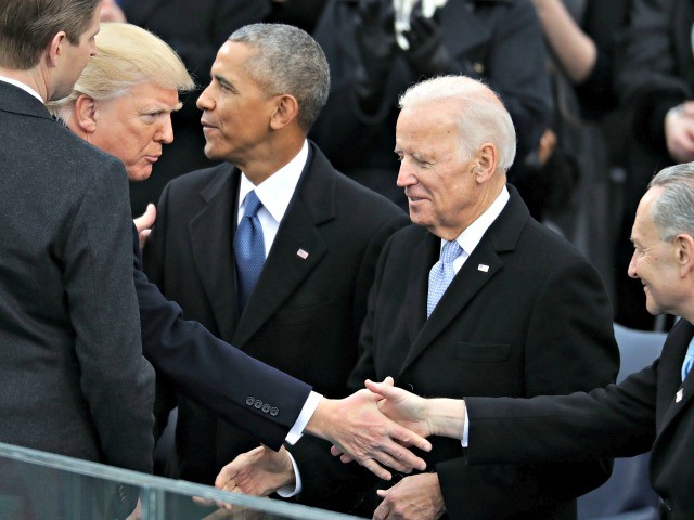 WASHINGTON, DC - JANUARY 20: U.S. President-elect Donald Trump (2nd L) and his son Eric Trump greet (L-R) President Barack Obama, Vice President Joe Biden and Senate Minority Leader Charles Schumer (D-NY) as they arrive for Trump's inauguration on the West Front of the U.S. Capitol on January 20, 2017 in Washington, DC. In today's inauguration ceremony Donald J. Trump becomes the 45th president of the United States. (Photo by Chip Somodevilla/Getty Images)