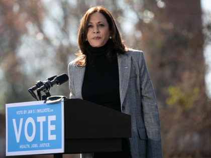 COLUMBUS, GA - DECEMBER 21: Vice President-elect Kamala Harris campaigns in support of Georgia Democratic Senate candidates Rev. Raphael Warnock and Jon Ossoff during a drive-in rally at Bibb Mill Event Center on December 21, 2020 in Columbus, Georgia. The visit by Vice President-elect Harris comes ahead of a crucial …