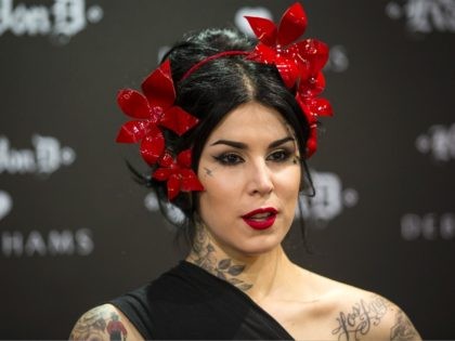 LONDON, ENGLAND - OCTOBER 08: Tattoo artist and television personality Kat Von D is pictured as she meets her fans at the Kat Von D Beauty UK launch at Debenhams, Oxford Street on October 8, 2016 in London, England. (Photo by Jack Taylor/Getty Images for Kat Von D Beauty)