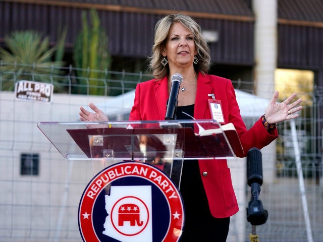 Dr. Kelli Ward, chair of the Arizona Republican Party, holds a press conference at the Maricopa County Elections Department as she reports the progress of the a post-election logic and accuracy test for the general election as an observer of the test process Wednesday, Nov. 18, 2020, in Phoenix. (AP …