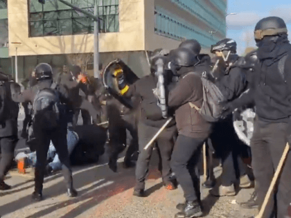 An Antifa crowd surrounds and beats a conservative protester in Olympia, Washington. (Twitter Video Screenshot/Independent Media PDX)