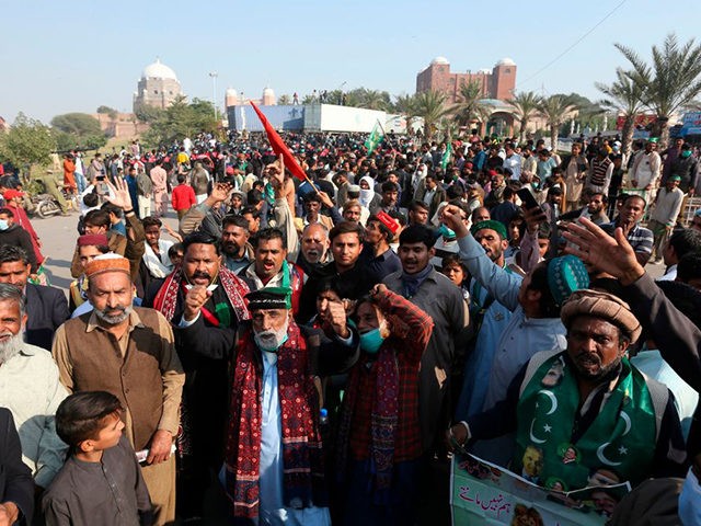 Opposition supporters of Pakistan Democratic Movement (PDM) gather during an anti-governme