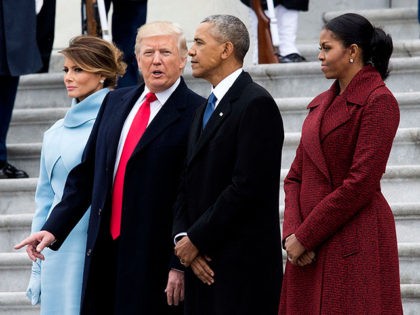 WASHINGTON, DC - JANUARY 20: President Donald Trump (2nd-L) First Lady Melania Trump (L), former President Barack Obama (2nd-R) and former First Lady Michelle Obama walk together following the inauguration, on Capitol Hill in Washington, D.C. on January 20, 2017. President-Elect Donald Trump was sworn-in as the 45th President. (Photo …