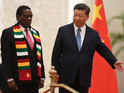 Zimbabwe's President Emmerson Mnangagwa (L) stands with Chinese President Xi Jinping during a welcoming ceremony at the Great Hall of the People in Beijing on April 3, 2018. Mnangagwa is on a visit to China to seek economic support from a major partner that previously backed his ousted predecessor Robert …
