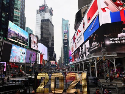 NEW YORK, NEW YORK - DECEMBER 21: The New Year's Eve numerals on display in Times Square on December 21, 2020 in New York City. The seven-foot-tall "2021" numerals will be on display in the plaza until noon on December 23. (Photo by Michael M. Santiago/Getty Images)