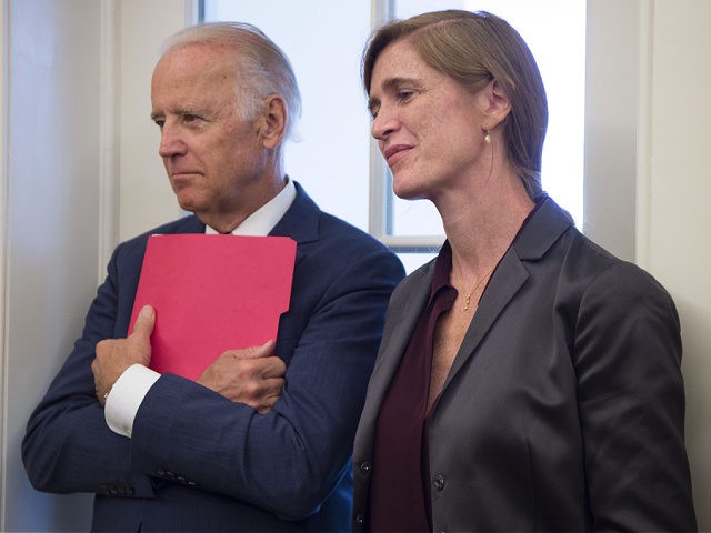 US Vice President Joe Biden with US Ambassador to the United Nations Samantha Power in the Oval Office of the White House in Washington, DC, August 4, 2015. AFP PHOTO/JIM WATSON (Photo credit should read JIM WATSON/AFP via Getty Images)