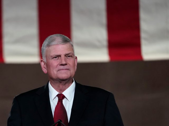 Evangelical leader Franklin Graham prepares to tape his prayer for the fourth day of the Republican National Convention from the Andrew W. Mellon Auditorium in Washington, Thursday, Aug. 27, 2020. (AP Photo/Susan Walsh)