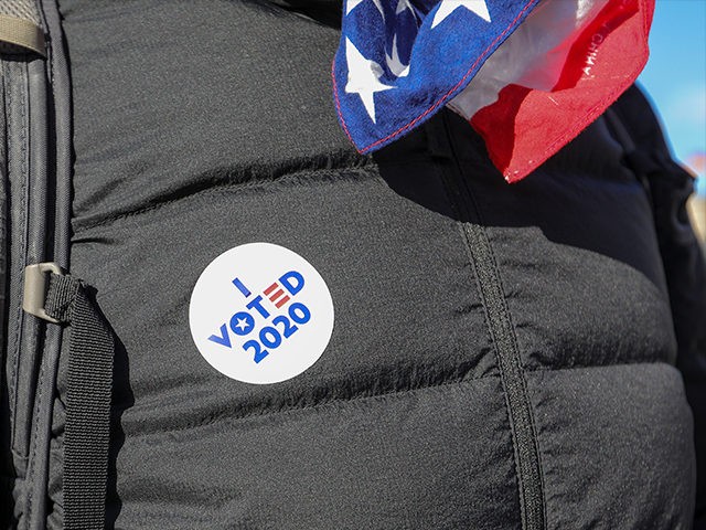 BERLIN, GERMANY - NOVEMBER 04: A protester wears a sticker reading 'I voted 2020&#039