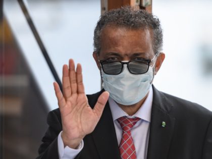 World Health Organization (WHO) Director-General Tedros Adhanom Ghebreyesus wears a protective fave mask after leaving a ceremony for the restarting of Geneva's landmark fountain, known as "Jet d'Eau" following the COVID-19 outbreak, caused by the novel coronavirus on June 11, 2020 in Geneva. - The fountain was switched off on …