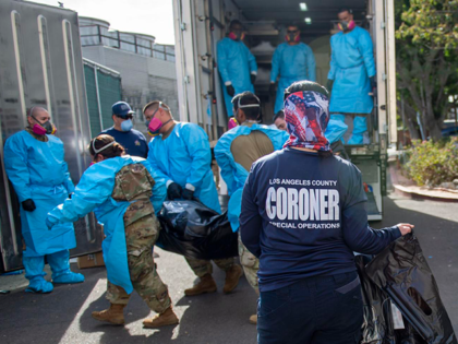 In this Jan. 12, 2021 photo provided by the Los Angeles County Department of Medical Examiner-Coroner, National Guard members assisting with processing COVID-19 deaths, placing them into temporary storage at the medical examiner-coroner's office in Los Angeles. The seven-day rolling average of daily deaths is rising in 30 states and …