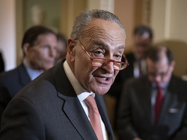 Senate Minority Leader Chuck Schumer, D-N.Y., talks to reporters following a Democratic strategy meeting at the Capitol in Washington, Tuesday, Feb. 11, 2020. (AP Photo/J. Scott Applewhite)