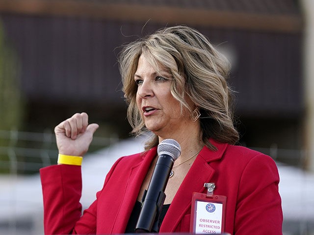 Dr. Kelli Ward, chair of the Arizona Republican Party, holds a press conference at the Maricopa County Elections Department as she reports the progress of the a post-election logic and accuracy test for the general election as she an observer of the test process Wednesday, Nov. 18, 2020, in Phoenix. …