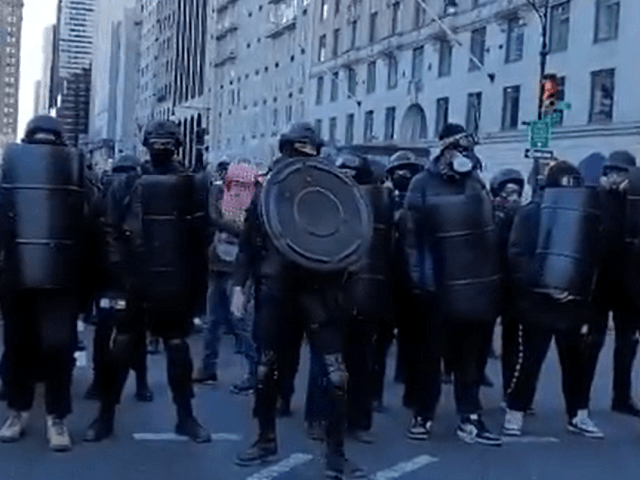 Antifa/BLM demonstrators march in Manhattan carrying defensive shields. (Twitter Video Scr
