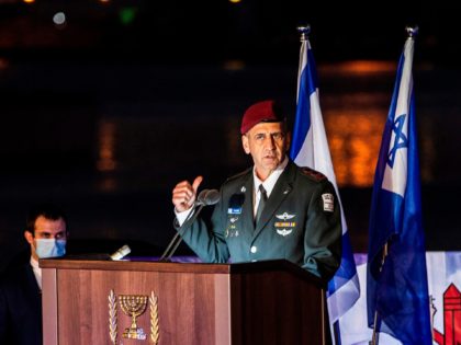 Israeli army chief of staff Aviv Kohavi delivers a speech during a ceremony marking the arrival of the first of four new German-built Saar 6 naval vessels (unseen) purchased by the navy, in the northern Haifa city naval base, on December 2, 2020. - Israel received the first of its …