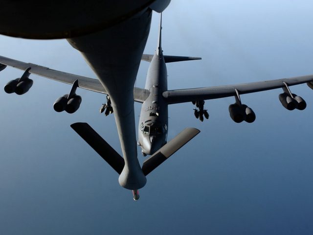 OVER THE INDIAN OCEAN - MARCH 24: A B-52 Stratofortress receives fuel from a KC-135 Strato