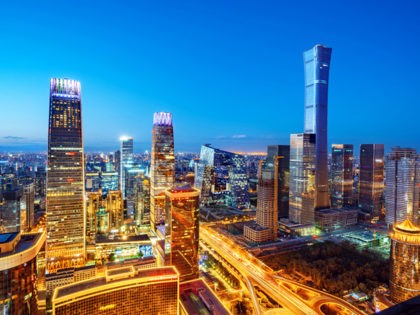 High-rise buildings and viaducts in the financial district of the city, night view of Beij