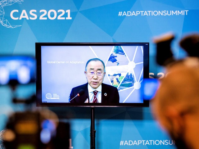 Ban Ki-moon, 8th Secretary-General of the United Nations and chair of the Global Center on Adaptation, is seen on a screen speaking in The Hague on January 20, 2021, during a press briefing on the upcoming Climate Adaptation Summit 2021 which will be held on 25 and 26 January held …
