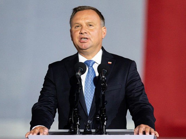 Polish President Andrzej Duda speaks to the crowd during an event to commemorate the outbreak of World War II in Gdansk - Westerplatte on September 1, 2020. - The defense of the Military Transit Depot on Westerplatte by the Polish Army against Germany's invasion was the first battle of the …