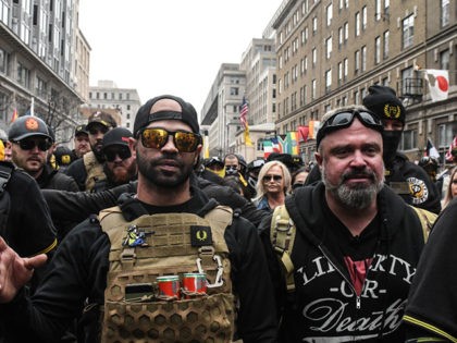 WASHINGTON, DC - DECEMBER 12: Enrique Tarrio, leader of the Proud Boys (L) and Joe Biggs (R) gather outside of Harry's bar during a protest on December 12, 2020 in Washington, DC. Thousands of protesters who refuse to accept that President-elect Joe Biden won the election are rallying ahead of …