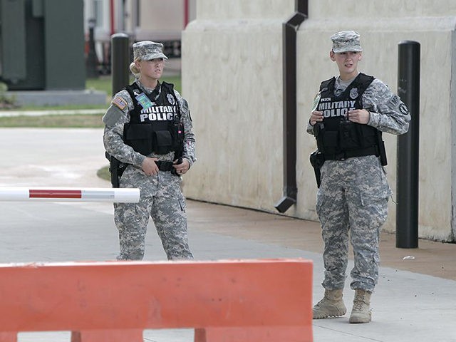 SAN ANTONIO, TX - SEPTEMBER 17: U.S. Army military police guard the area around the U.S. A