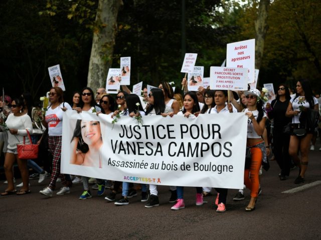 People take part in a march at the Bois de Boulogne in Paris, on August 24, 2018, in tribute to Vanesa Campos, a 36 year-old transsexual sex worker who was killed the week before. (Photo by Lionel BONAVENTURE / AFP) (Photo credit should read LIONEL BONAVENTURE/AFP via Getty Images)