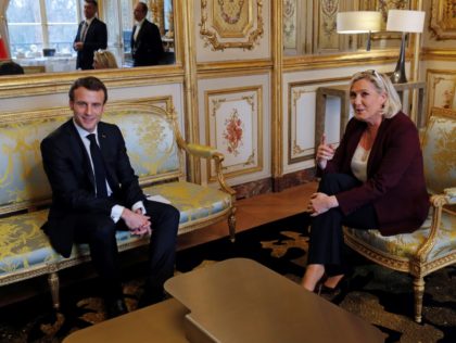 French President Emmanuel Macron (L) attends a meeting with French far-right Rassemblement National (RN) party leader Marine Le Pen at the Elysee Palace in Paris, France, on February 6, 2019. (Photo by PHILIPPE WOJAZER / POOL / AFP) (Photo credit should read PHILIPPE WOJAZER/AFP via Getty Images)