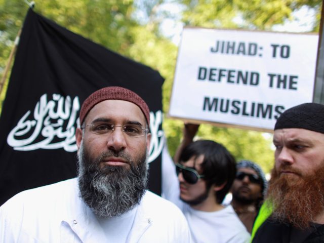 LONDON, ENGLAND - MAY 06: Anjem Choudary leads a protest against the killing of Osama bin Laden outside the US embassy in Mayfair on May 6, 2011 in London, England. The demonstration, which was called by radical Muslim cleric Anjem Choudary, was in close proximity to a rival protest by …