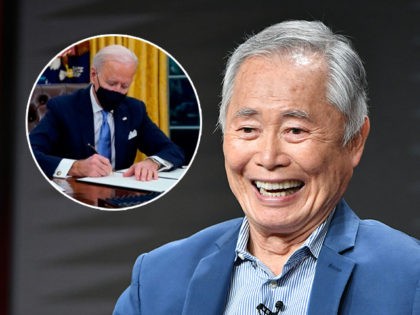 (INSET: Joe Biden) BEVERLY HILLS, CA - JULY 25: George Takei of The Terror: Infamy speaks during the AMC segment of the Summer 2019 Television Critics Association Press Tour 2019 at The Beverly Hilton Hotel on July 25, 2019 in Beverly Hills, California. (Photo by Amy Sussman/Getty Images)
