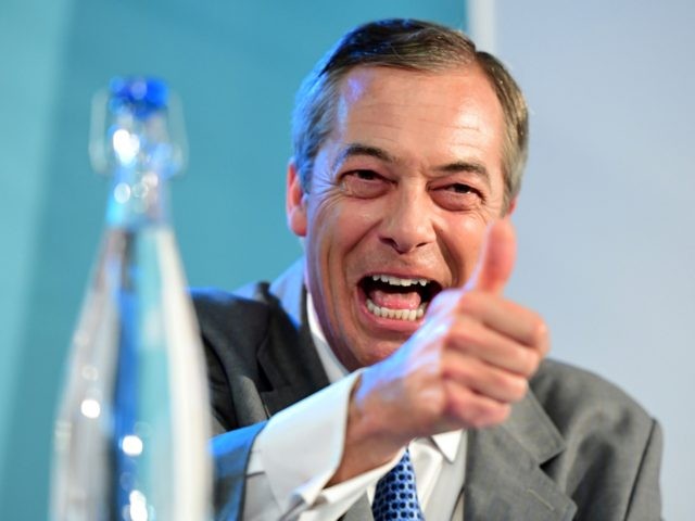 The Brexit Party Introduces Prospective Parliamentary Candidates LONDON, ENGLAND - AUGUST 27: Leader of the Brexit Party, Nigel Farage speaks onstage on August 27, 2019 in London, England. The Brexit Party conference held at the Emmanuel Centre is due to reveal plans for a future general election. (Photo by Leon Neal/Getty Images)