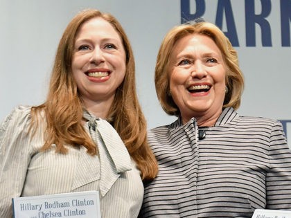 Former US Secretary of State and First Lady Hillary Rodham Clinton (R) and Chelsea Clinton pose for pictures during the book signing of their new book "The Book of Gutsy Women: Favorite Stories for Courage and Resilience" at Barnes & Noble Union Square on October 3, 2019 in New York …