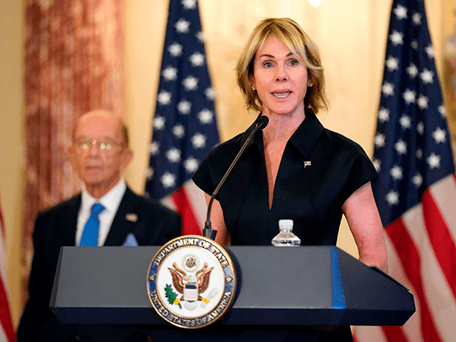 US Ambassador to the United Nations Kelly Craft speaks during a news conference to announce the Trump administration's restoration of sanctions on Iran,on September 21, 2020, at the US State Department in Washington, DC as Commerce Secretary Wilbur Ross(L) listens. - The United States said Monday it was imposing sanctions …