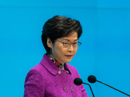Carrie Lam, Hong Kong's chief executive, speaks during a news conference on November 25, 2020 in Hong Kong, China. Lam delivered her remarks against a backdrop of the mass resignation of pro-democracy activists from the semi-autonomous city's legislative council this month. (Photo by Billy H.C. Kwok/Getty Images)