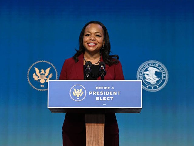 Kristen Clarke, nominee for Assistant Attorney General for the Civil Rights Division, speaks after being nominated by US President-elect Joe Biden at The Queen theater January 7, 2021 in Wilmington, Delaware. (Photo by JIM WATSON / AFP) (Photo by JIM WATSON/AFP via Getty Images)