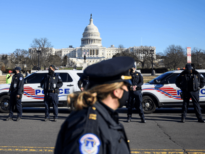 US Capital police stand at attention before the casket with fallen police officer, Brian Sicknick, passes during a funeral procession in Washington, DC on January 10, 2021. - US Capitol Police officer Sicknick was reportedly struck in the head with a fire extinguisher on Wednesday while struggling with the rioters …