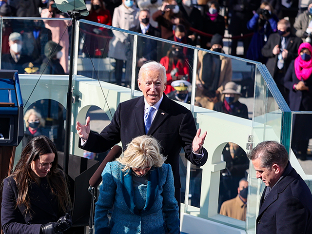 US President Joe Biden reacts as he prepares to deliver his inaugural address during his inauguration on the West Front of the US Capitol on January 20, 2021 in Washington, DC. - During today's inauguration ceremony Joe Biden becomes the 46th president of the United States. (Photo by Tasos Katopodis …