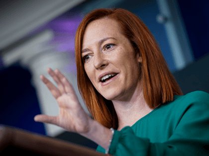 White House Press Secretary Jen Psaki speaks during a daily press briefing at the White House on January 25, 2021 in Washington, DC. Later on Monday afternoon, President Joe Biden will sign an executive order aimed at boosting American manufacturing and strengthening the federal government's "Buy American" rules. (Photo by …