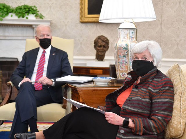 US Treasury Secretary Janet Yellen meets President Joe Biden in the Oval Office of the White House in Washington, DC, on January 29, 2021, for talks on the economy. (Photo by Nicholas Kamm / AFP) (Photo by NICHOLAS KAMM/AFP via Getty Images)