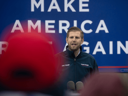 President Donald Trump's son Eric Trump addresses supporters at a rally on October 29, 2020 in Lansing, Michigan. Eric Trump spoke to about 60 Trump supporters at an outdoor sports complex in the final week before the U.S. presidential election. (Photo by John Moore/Getty Images)
