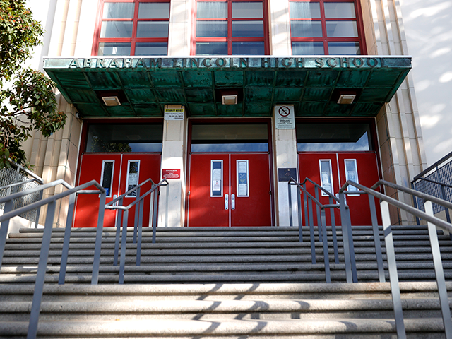 Stairs lead to the entrance of Abraham Lincoln High School on December 17, 2020 in San Francisco, California. A San Francisco school names advisory committee is recommending to remove Abraham Lincoln’s name from San Francisco's Abraham Lincoln High School for the 16th President's past treatment of Native Americans. The committee …
