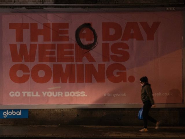 LONDON, ENGLAND - JANUARY 05: A billboard advertising a four day week, that has been alter