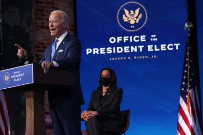 WILMINGTON, DELAWARE - JANUARY 14: U.S. Vice President-elect Kamala Harris (R) looks on as