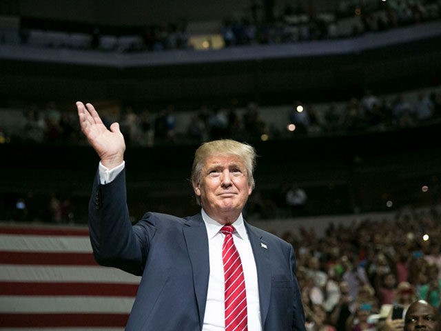 US Republican presidential candidate Donald Trump waves during a campaign rally at the American Airlines Center in Dallas on September 14, 2015. AFP PHOTO/LAURA BUCKMAN (Photo by LAURA BUCKMAN / AFP) (Photo credit should read LAURA BUCKMAN/AFP via Getty Images)