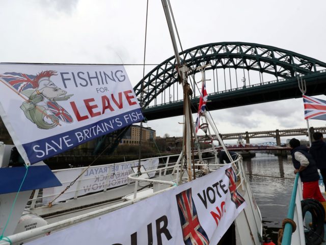 People working in the fishing industry supported by the pro-Brexit Fishing for Leave organisation launched flotillas nationwide on April 7, 2018 in protest against the prospect of Britain continuing to adhere to the EU's Common Fisheries Policy that sets quotas and fishing rights during the transition period after Britain has …