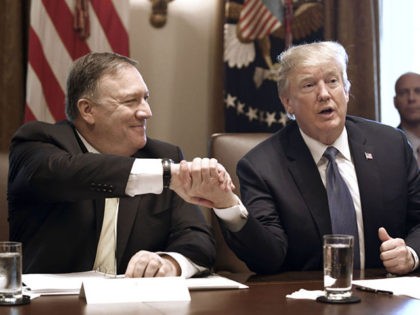 US Secretary of State Mike Pompeo shakes hands with US President Donald Trump during a cabinet meeting in the Cabinet Room of the White House, in Washington, DC, on June 21, 2018. (Photo by Olivier Douliery / AFP) (Photo credit should read OLIVIER DOULIERY/AFP via Getty Images)