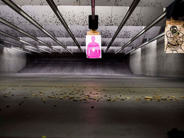 Shell casings litter the floor of the indoor gun range at Blue Ridge Arsenal in Chantilly,