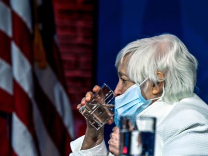 Treasury secretary nominee Janet Yellen takes a drink of water after US President-elect Joe Biden announced his economic team at The Queen Theater in Wilmington, Delaware, on December 1, 2020. (Photo by CHANDAN KHANNA / AFP) (Photo by CHANDAN KHANNA/AFP via Getty Images)